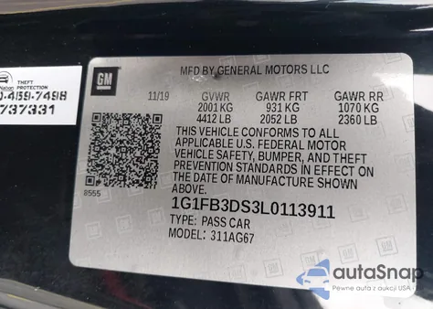 2020 Chevrolet Camaro Ls/Lt из США, поврежденный, VIN 1G1FB3DS3L0113911